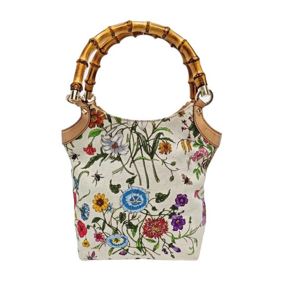 Gucci Handbags - Gucci White Flora Floral Canvas Bamboo
Top Handle Mini Tote Bag